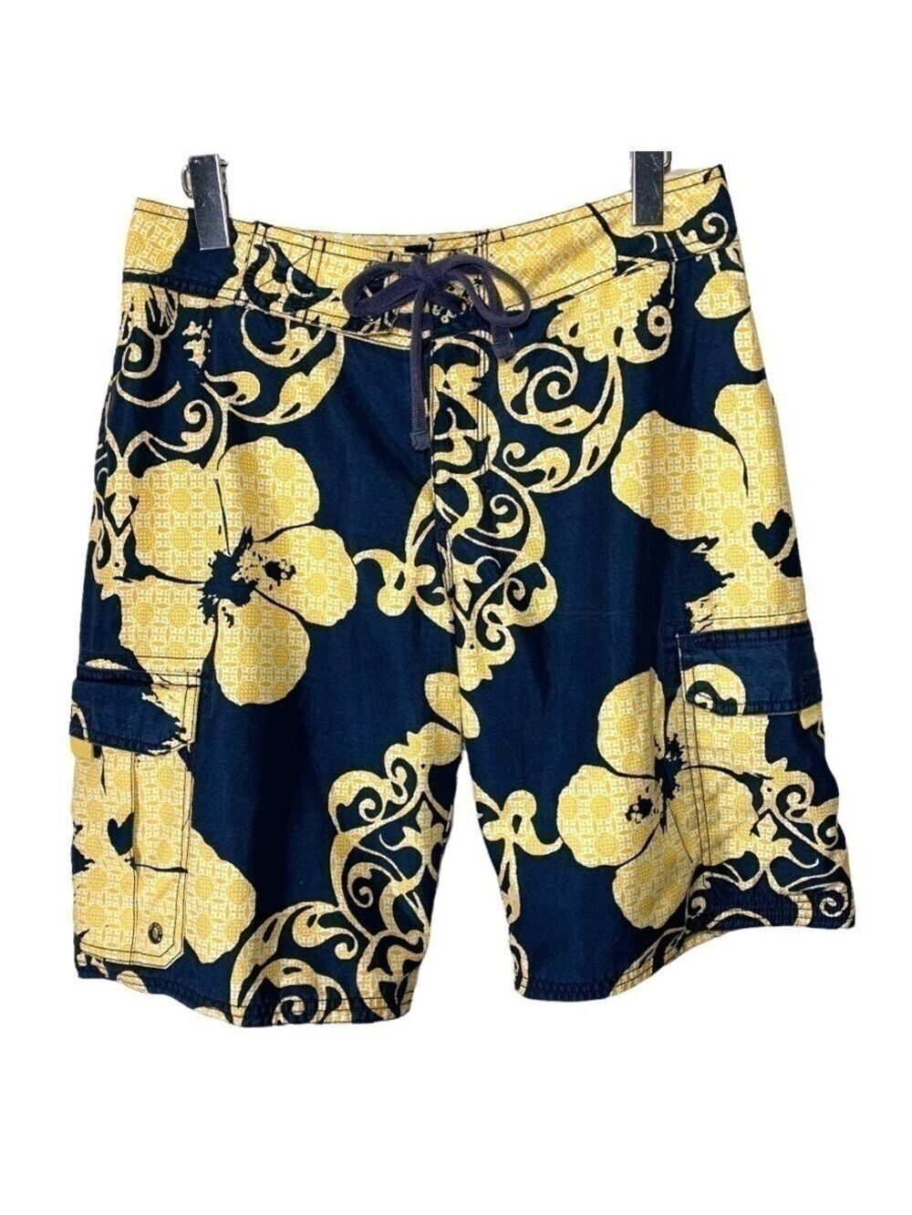 old Navy Swim Surf Board Cargo Style Shorts Hawaiian Vibes Navy Blue Yellow